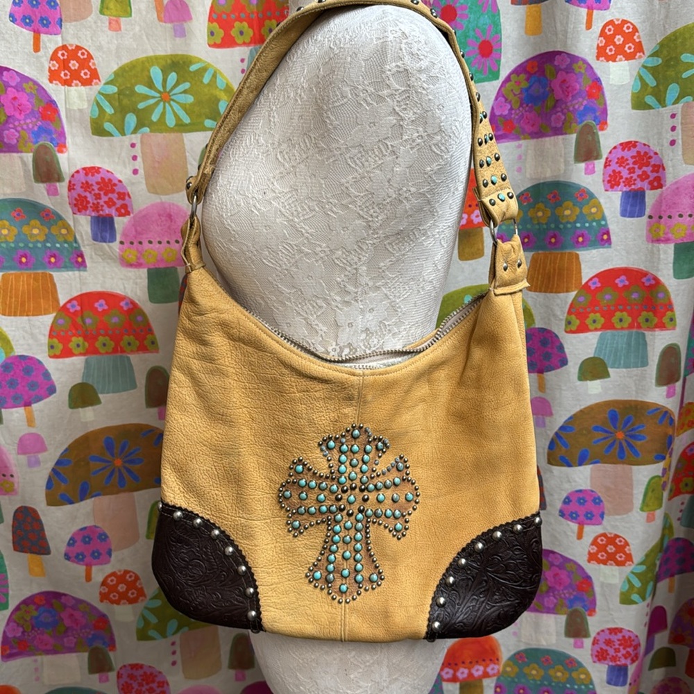 Patricia Wolfe Studded Cross  and Strap Leather Handbag